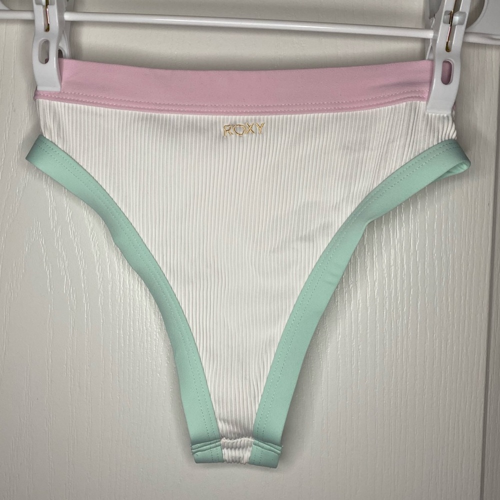 roxy white/pastel cheeky bikini bottoms.